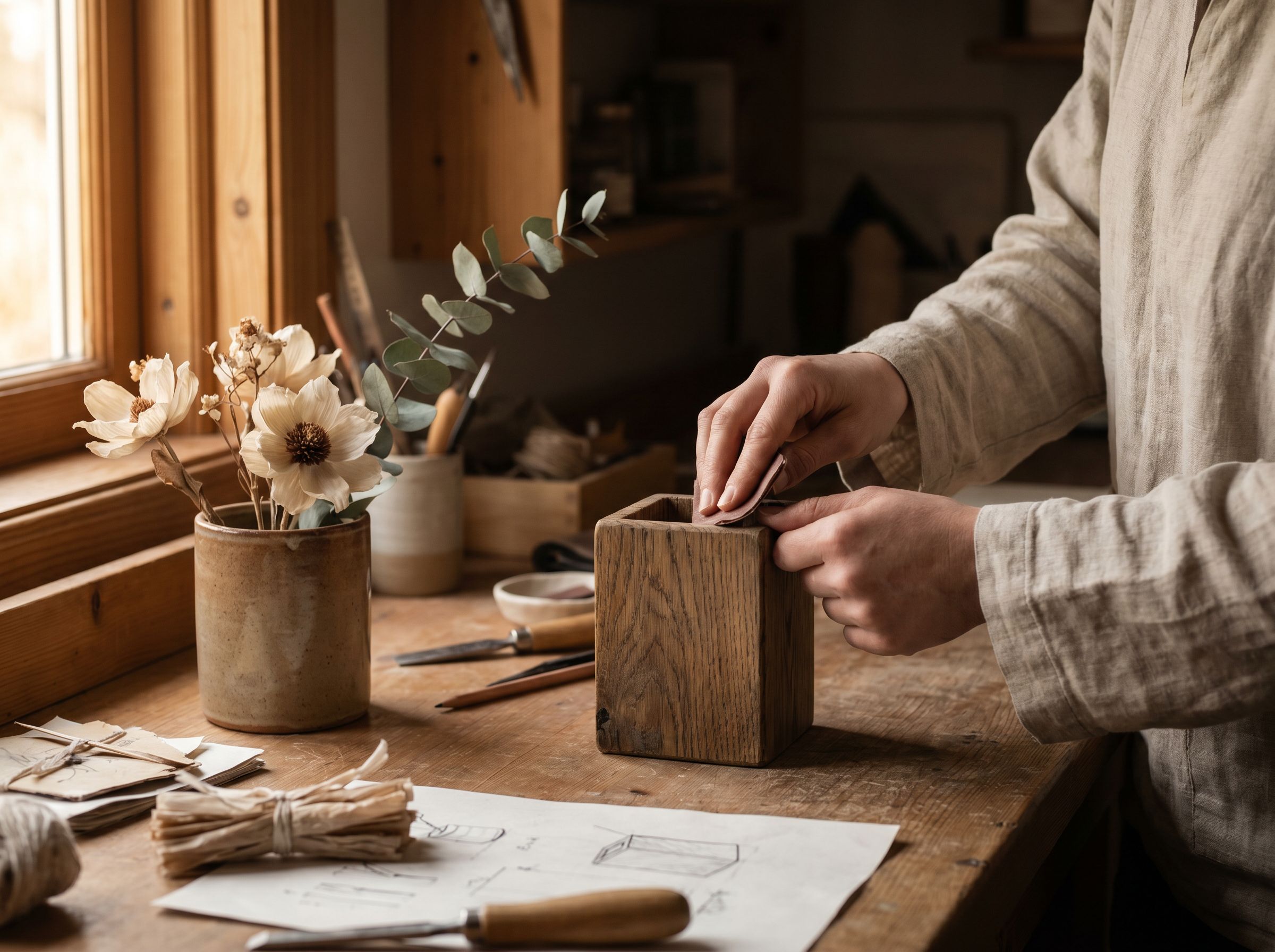 Atelier potacrayon — pot en cours de tournage, main de céramiste, lumière du soir