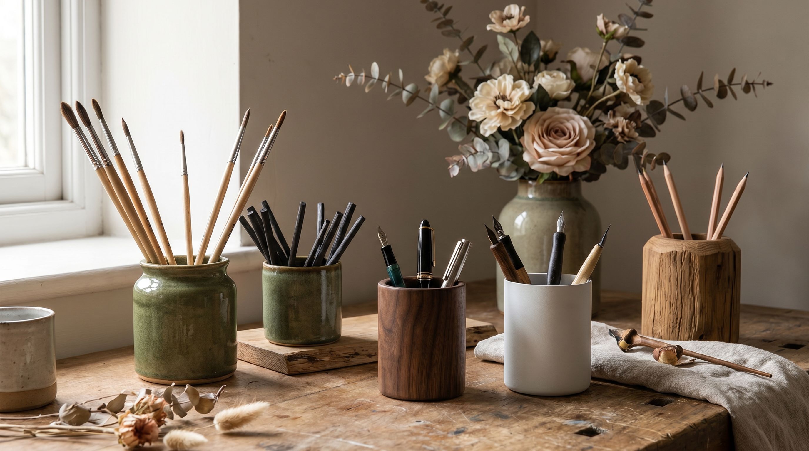 Atelier potacrayon — pots à crayon en grès, bois et métal posés sur une table en bois, lumière chaude latérale